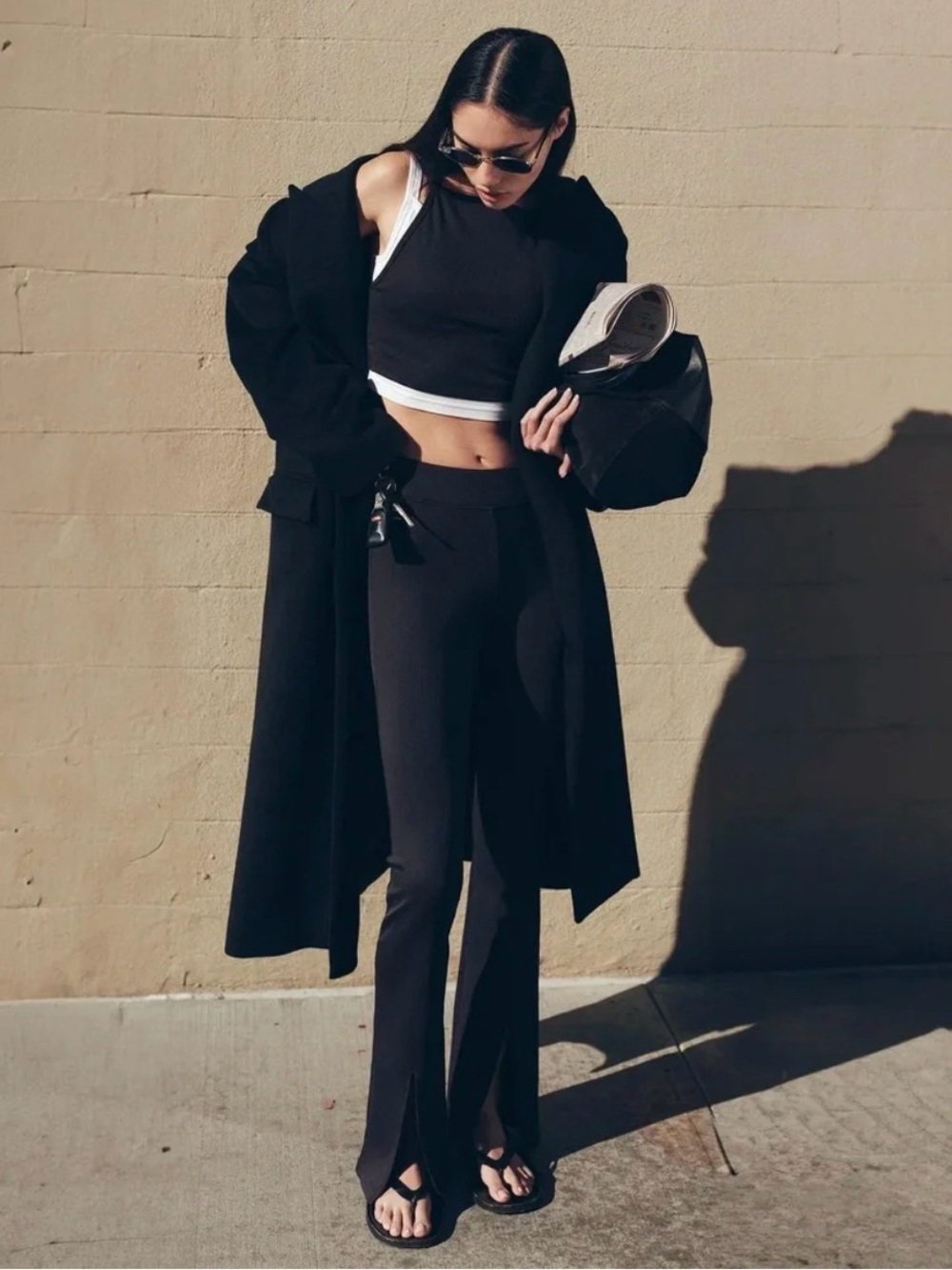 Nylora Black Ribbed Flare Pants with Front Slits